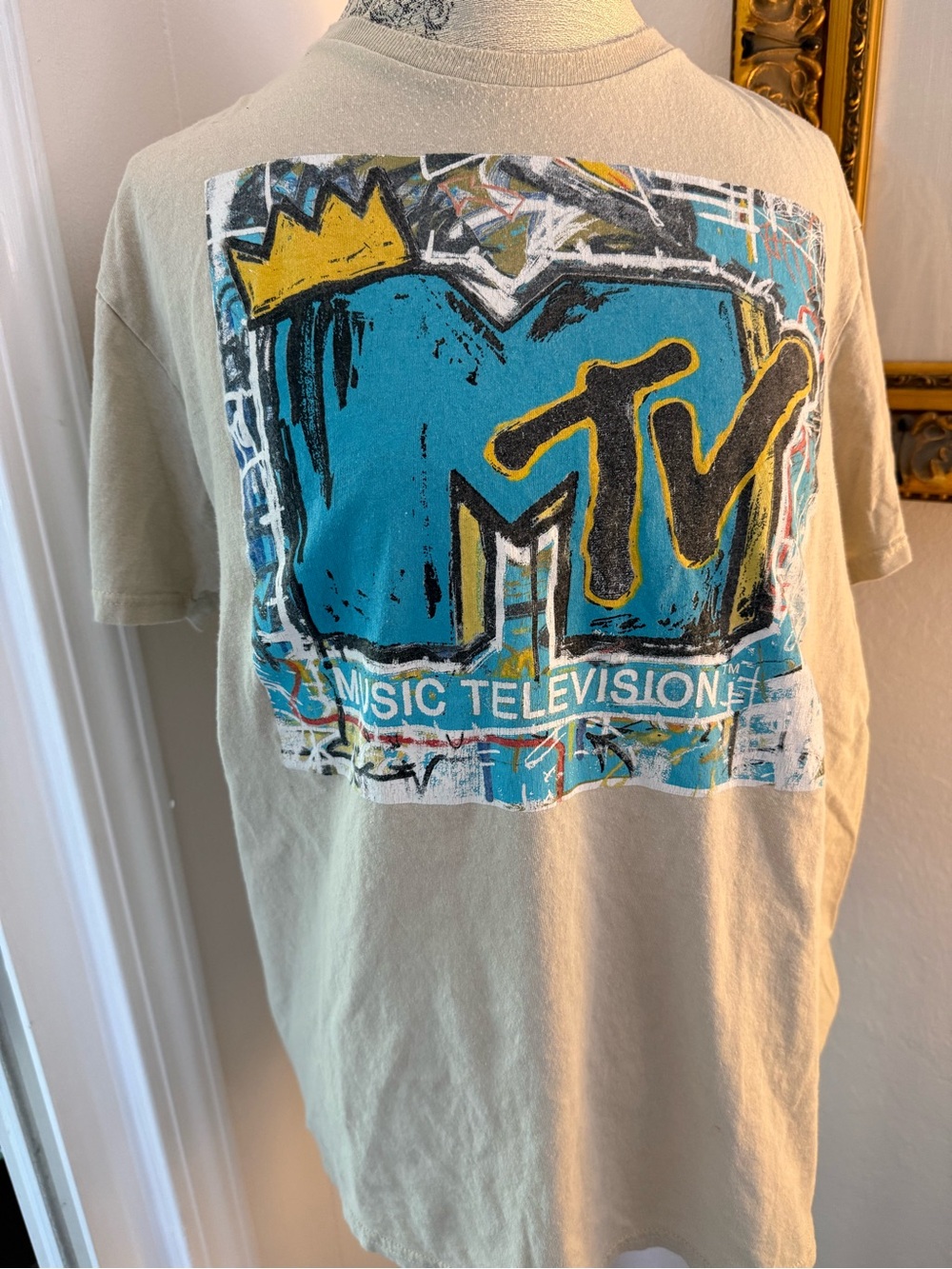 Vintage 80’s MTV Graphic Logo Tee in Beige with Teal & Yellow Print